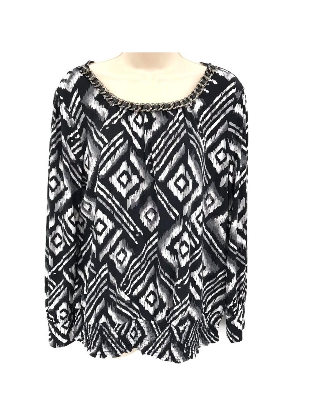 Style & Co Womens Black & White Geometric Chain-Neck Long Sleeve Top Size L
